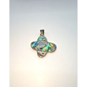 Vtg Sterling 925 Cross Pendant Assymetrical Silver Abalone Colorful Iridescent